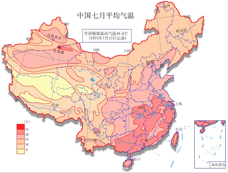 中国七月平均气温